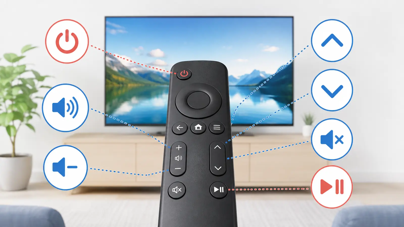 テレビの電源・音量・チャンネル・ミュート・再生操作を示す図
