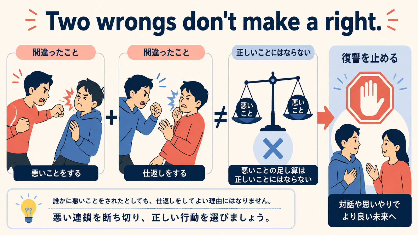 Two wrongs don't make a right.の直訳と実際のニュアンスを示す解説図