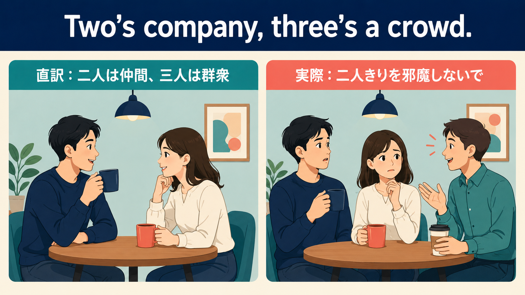 Two's company, three's a crowd.の直訳と実際のニュアンスを比較する図解