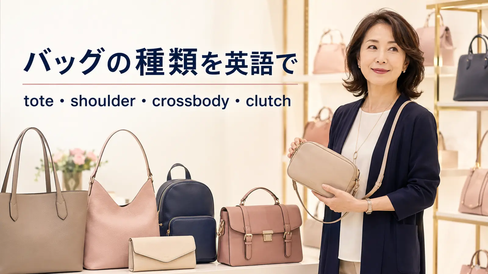 海外のバッグ店でトートバッグやショルダーバッグを選ぶ女性