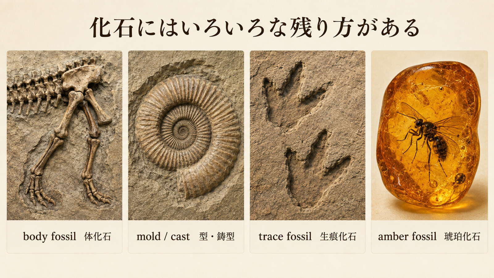 body fossil体化石、moldとcast、trace fossil生痕化石、amber fossil琥珀化石の違い