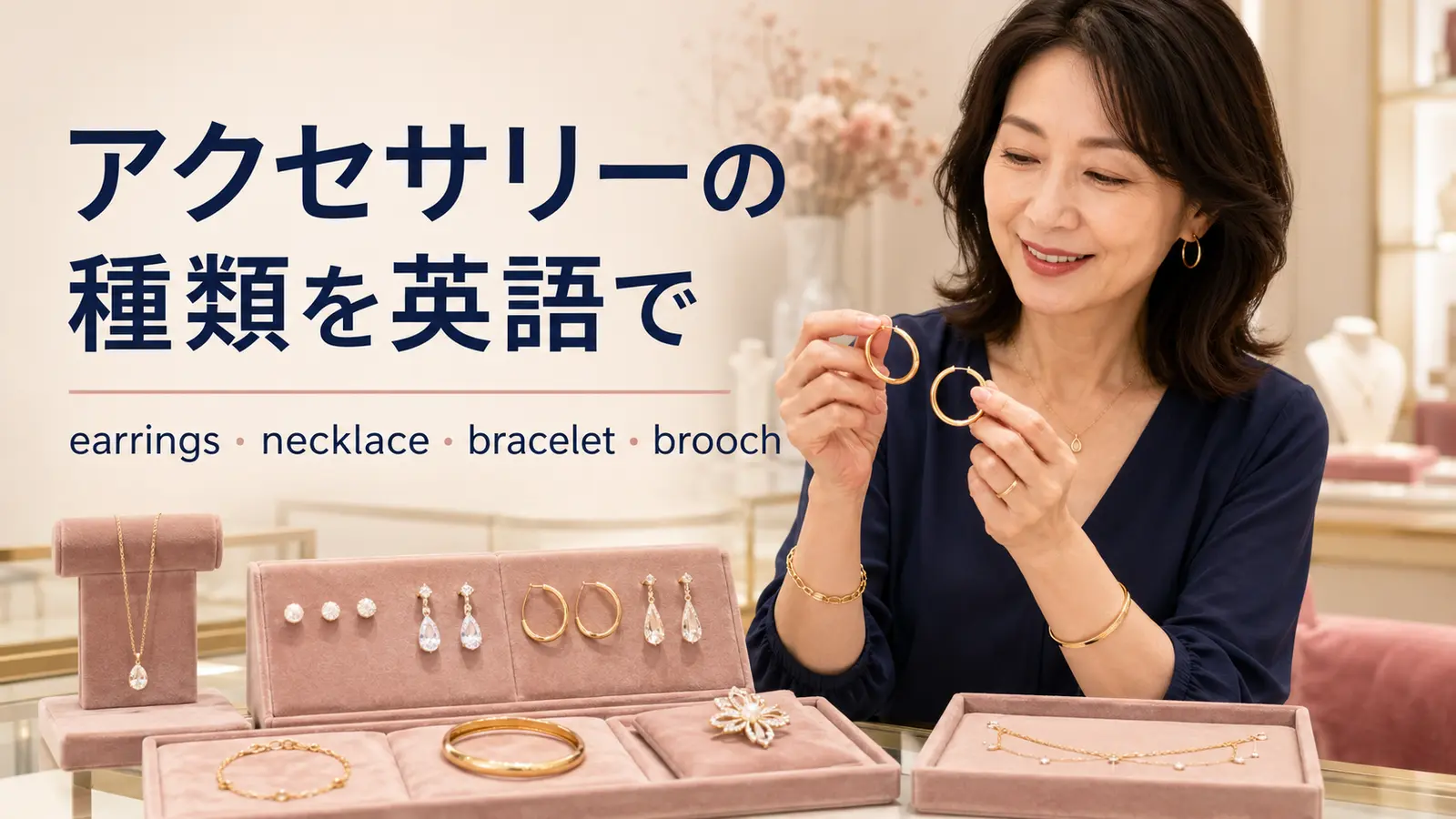 海外のジュエリー店でフープピアスを選ぶ女性