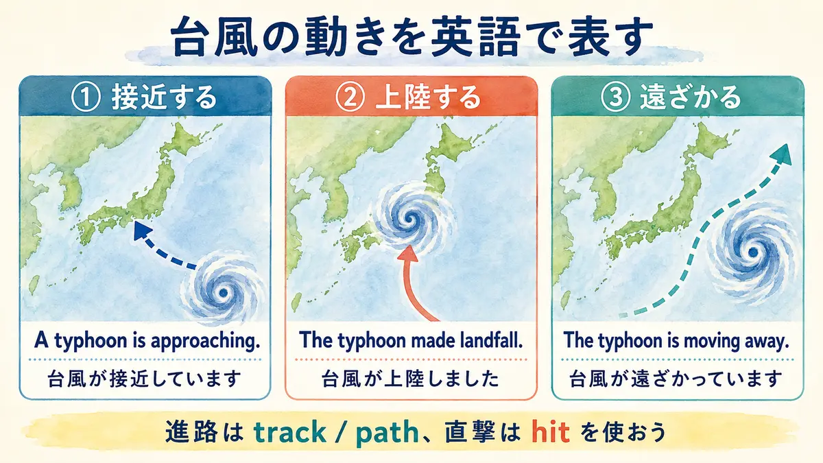 台風の接近・上陸・遠ざかるを英語で表す図解