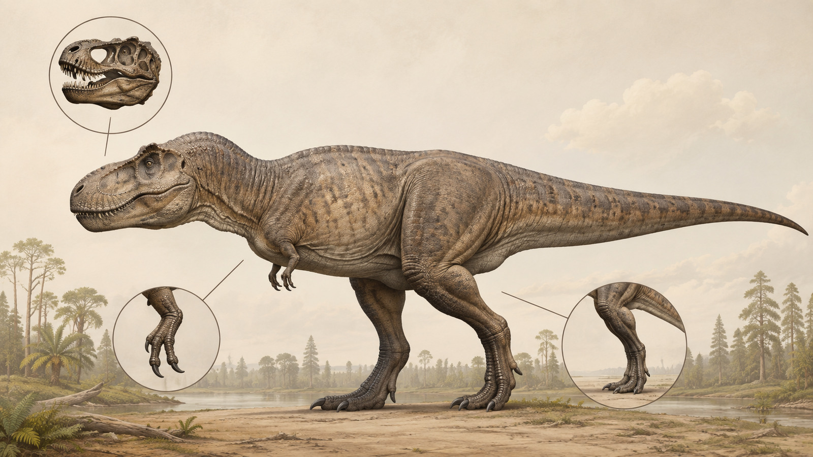 ティラノサウルスの頭部・小さな前脚・強い後脚を示した解説イラスト