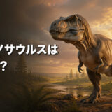 夕暮れの白亜紀の大地に立つティラノサウルスと「ティラノサウルスは英語で？」の文字