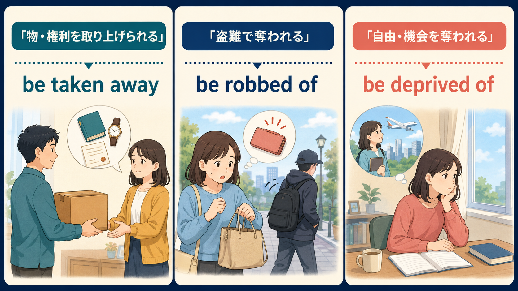 be taken away・be robbed of・be deprived ofで表す「奪われる」の違い