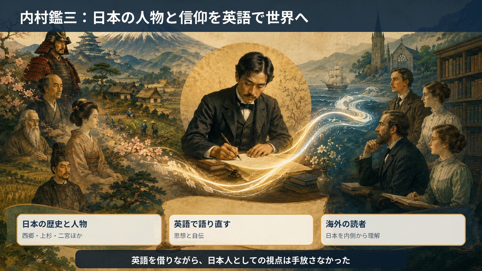 内村鑑三が日本での経験を英文著作にし海外読者へ伝えた構造の図