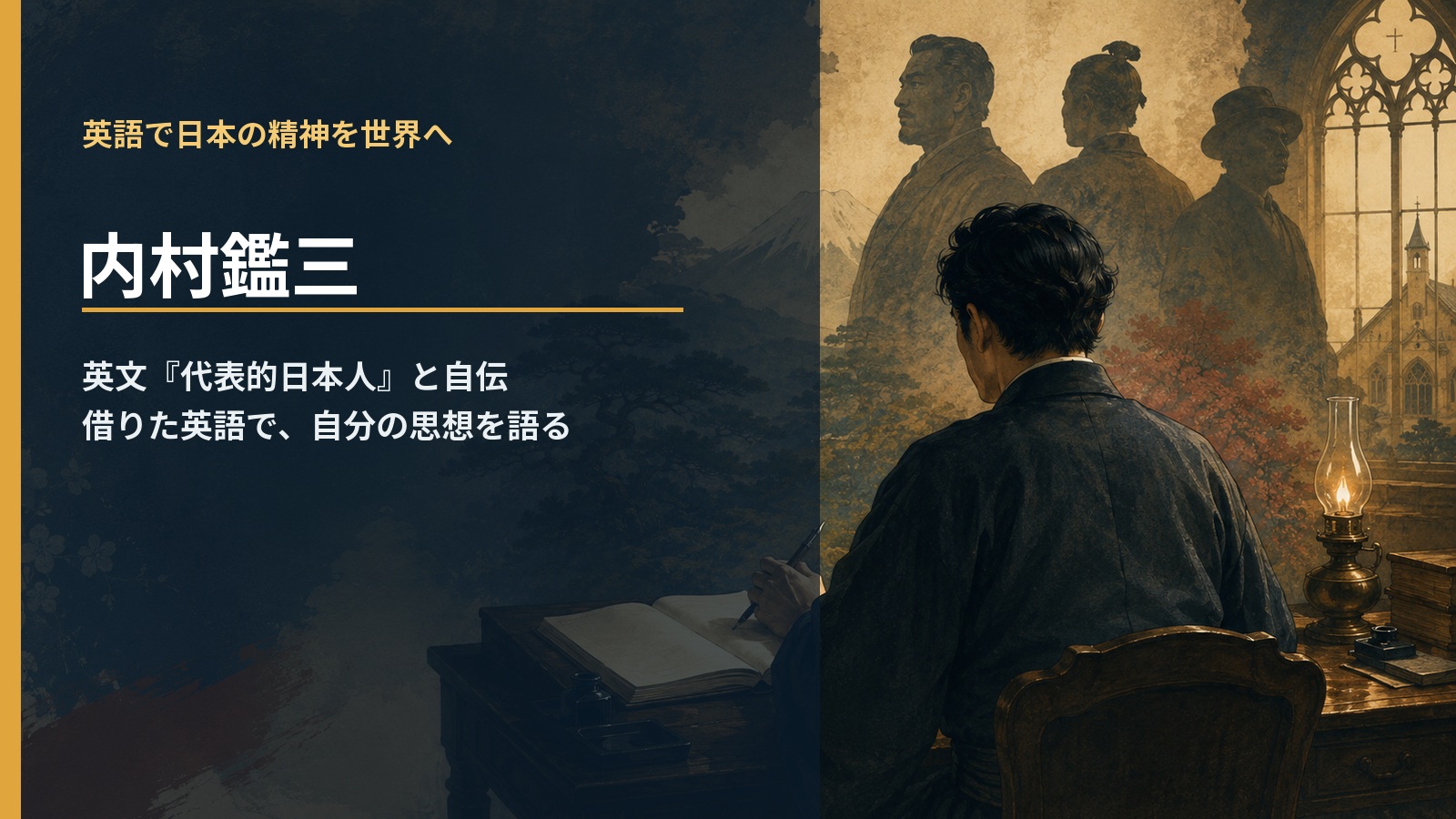 内村鑑三が英文『代表的日本人』と自伝で日本と自分の思想を世界へ伝えたことを示すアイキャッチ