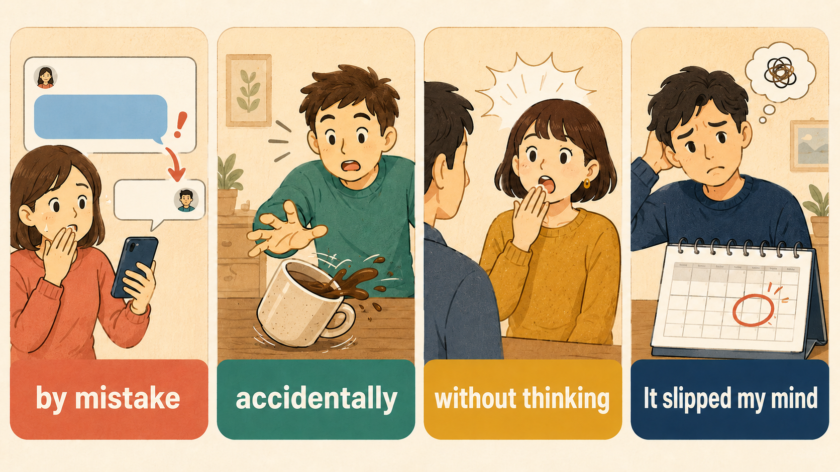 by mistake、accidentally、without thinking、It slipped my mindの比較イラスト