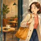 カフェにスマートフォンをうっかり置き忘れて振り返る女性のイラスト