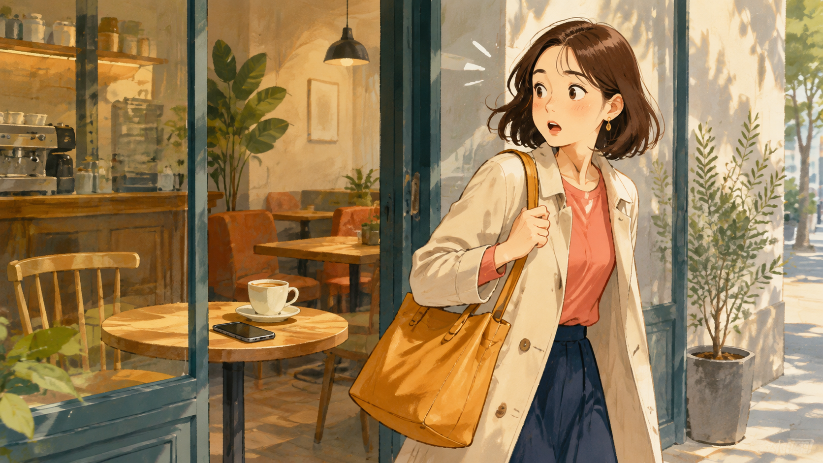 カフェにスマートフォンをうっかり置き忘れて振り返る女性のイラスト