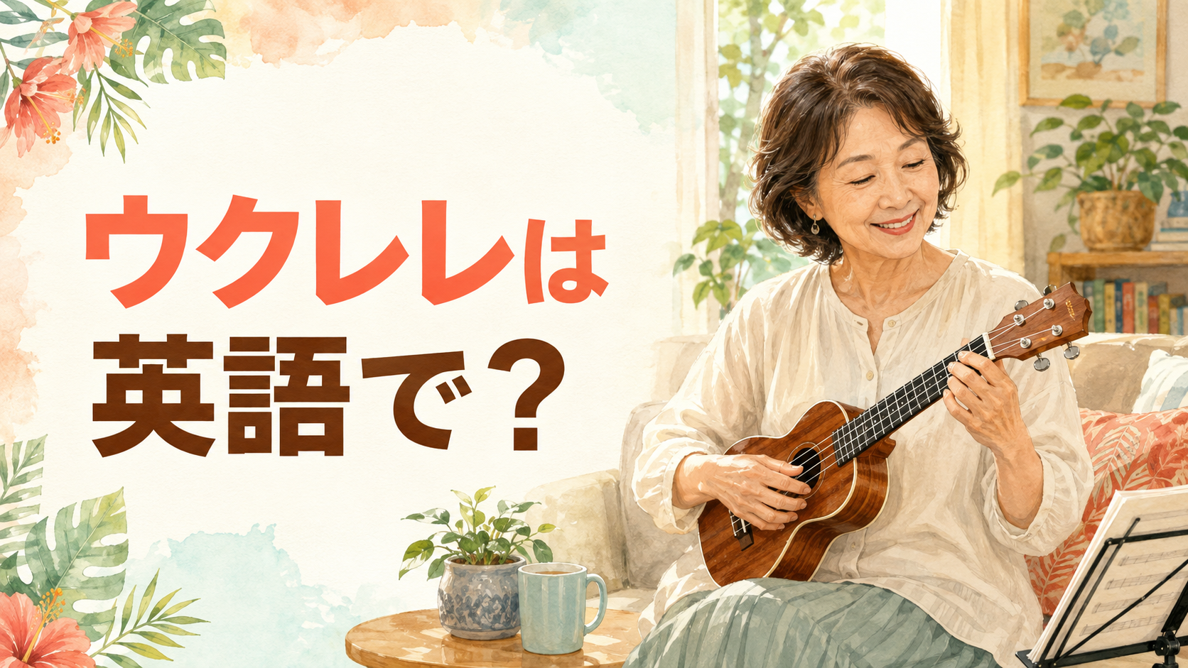 ウクレレは英語で?女性がウクレレを弾く横長イラスト