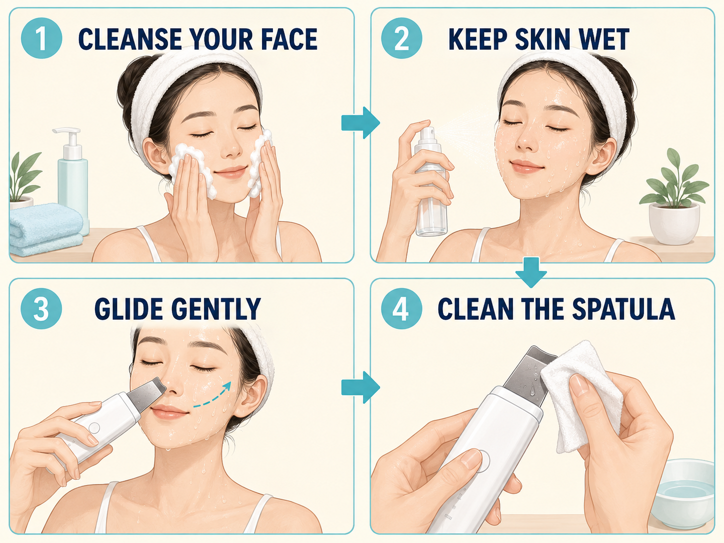 cleanse your face・keep skin wet・glide gently・clean the spatulaの図解