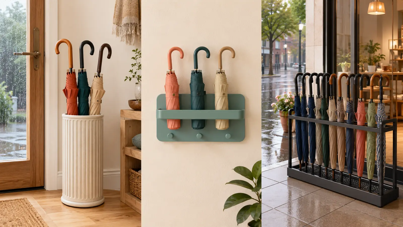 家庭用umbrella stand、壁掛けumbrella holder、店舗用umbrella rackを比較したイラスト