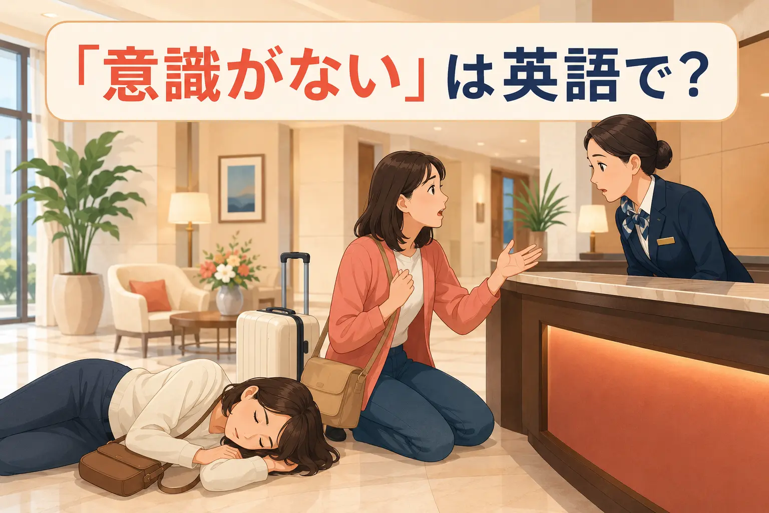 海外旅行中に意識を失った同行者についてホテルスタッフへ助けを求める女性