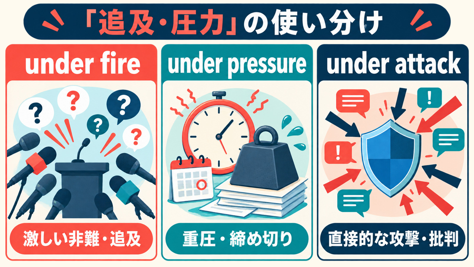 under fire・under pressure・under attackの違い