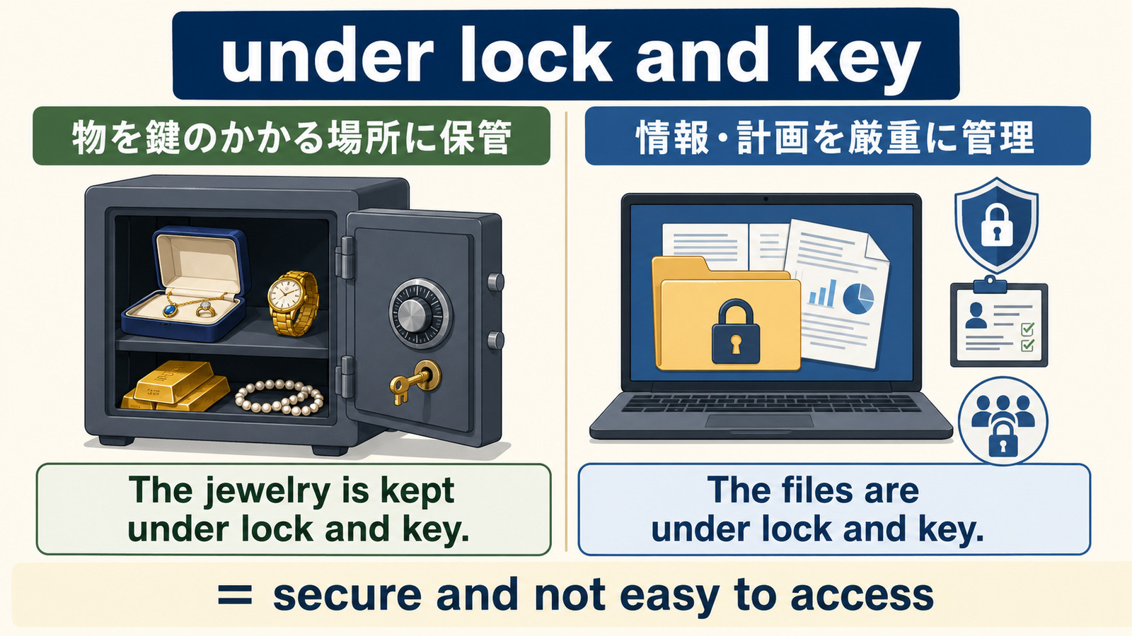 under lock and keyの物理的な保管と情報管理の2つの使い方