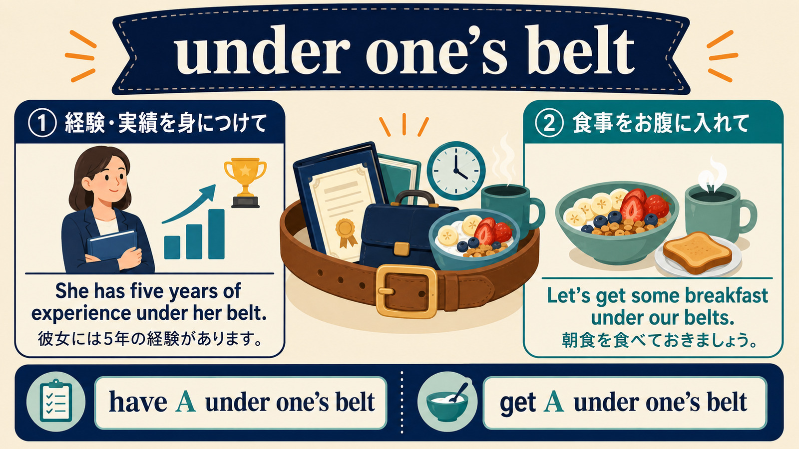 under one’s beltの経験・実績と食事の2用法およびhaveとgetの語順を示す解説図