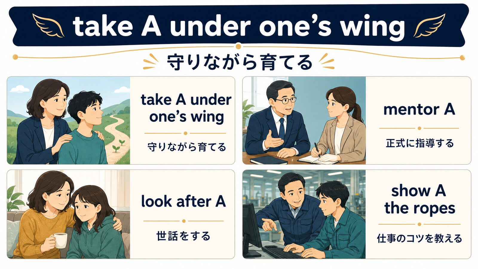 take A under one's wing・mentor・look after・show A the ropesの違い