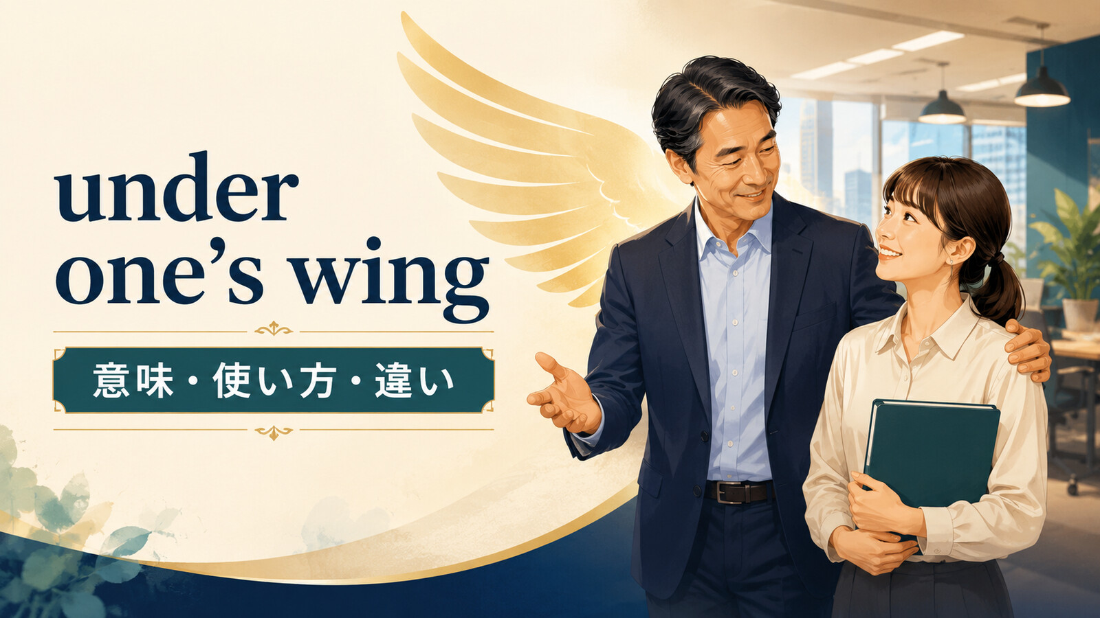 under one's wingで経験者が新人を守りながら指導するイメージ