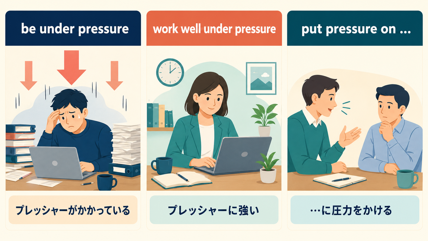 be under pressure・work well under pressure・put pressure onの違いを示す解説イラスト