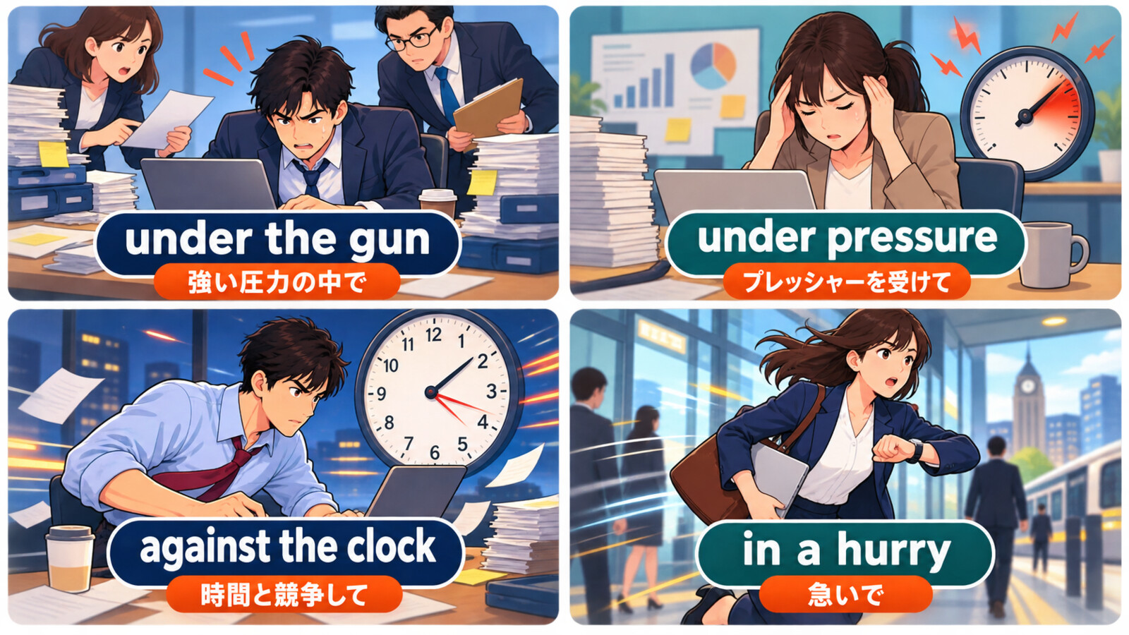 under the gun・under pressure・against the clock・in a hurryの違い