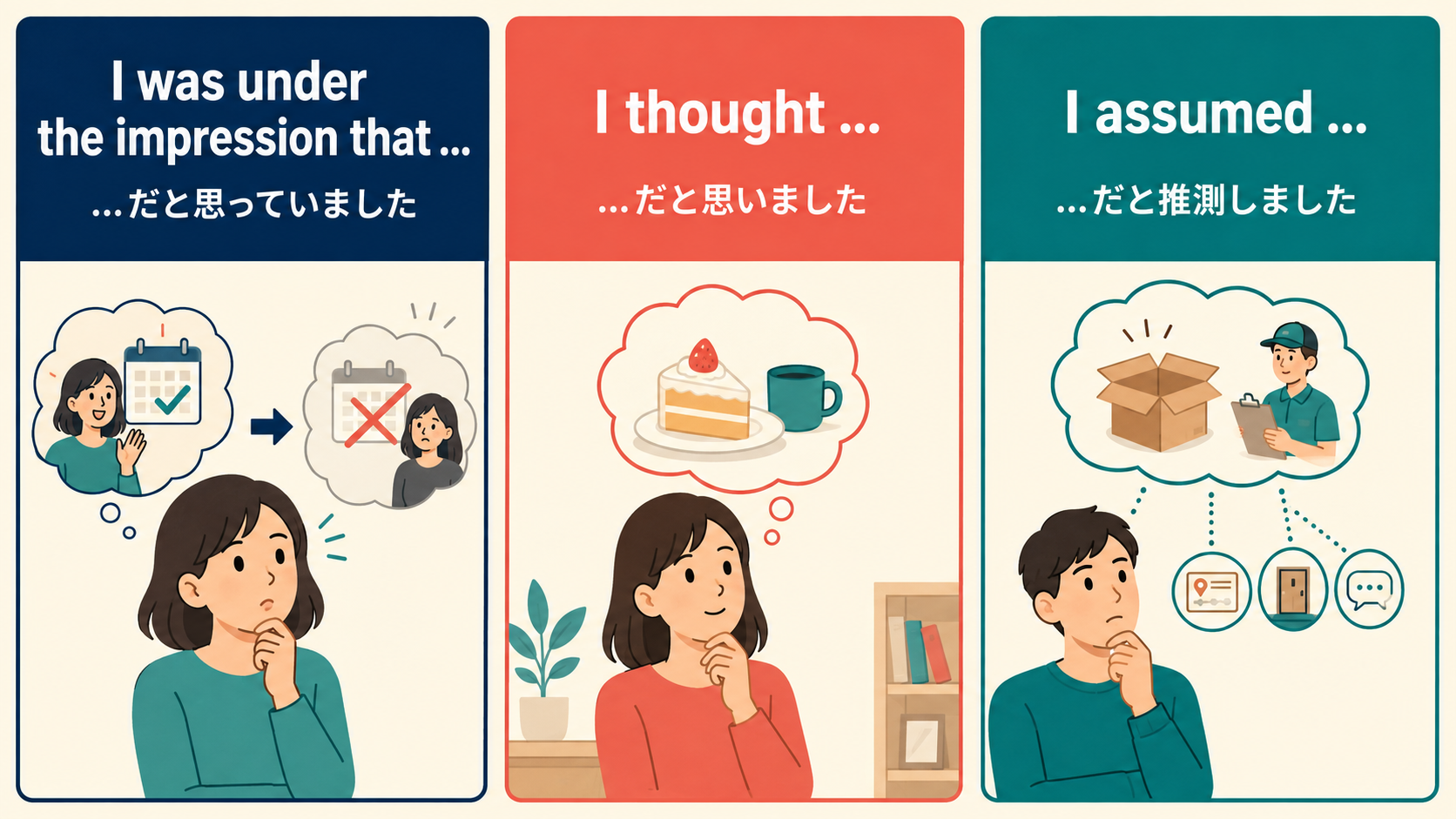 under the impression・I thought・I assumedのニュアンスの違いを示す解説イラスト
