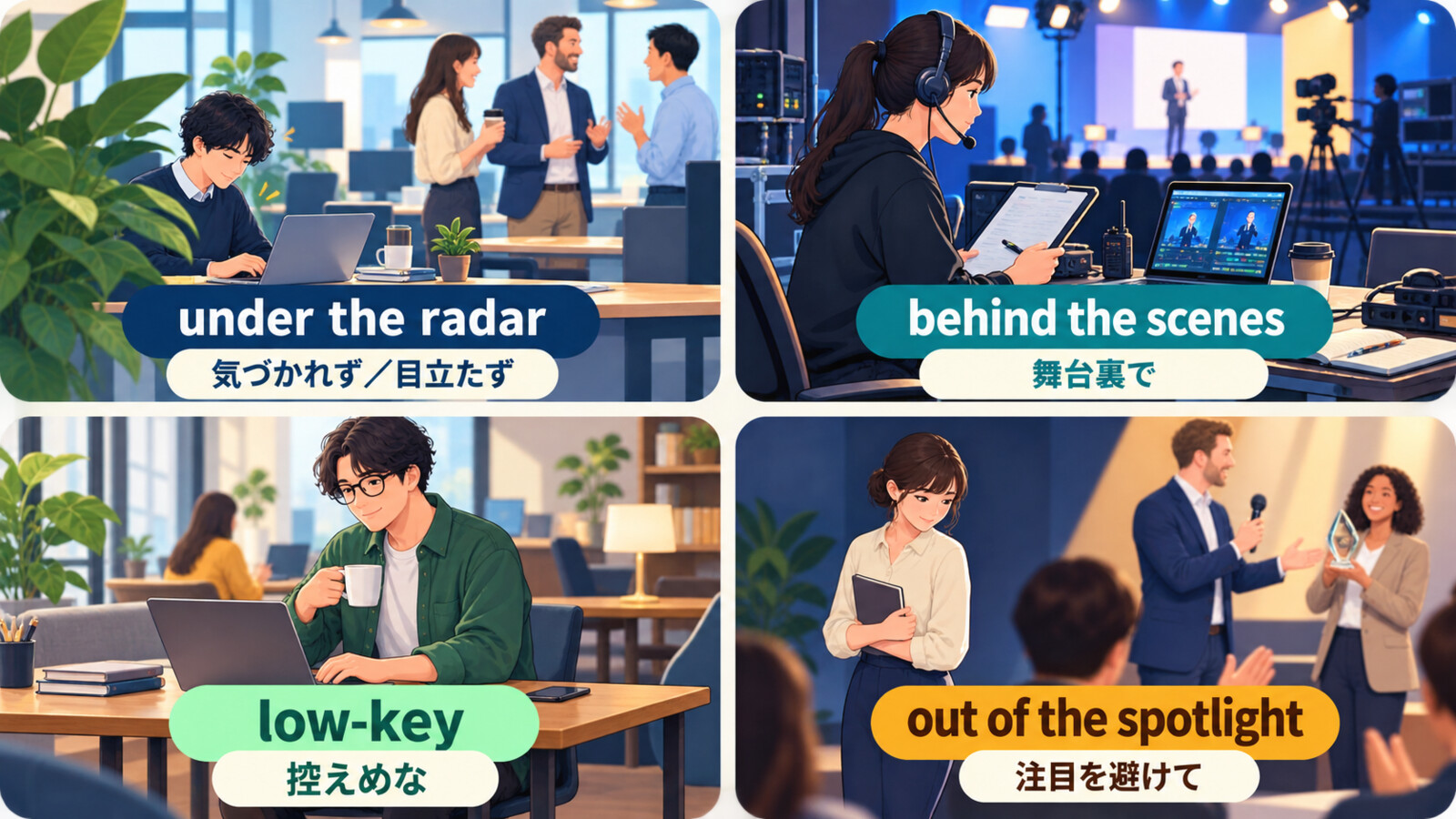 under the radar・behind the scenes・low-key・out of the spotlightの違い