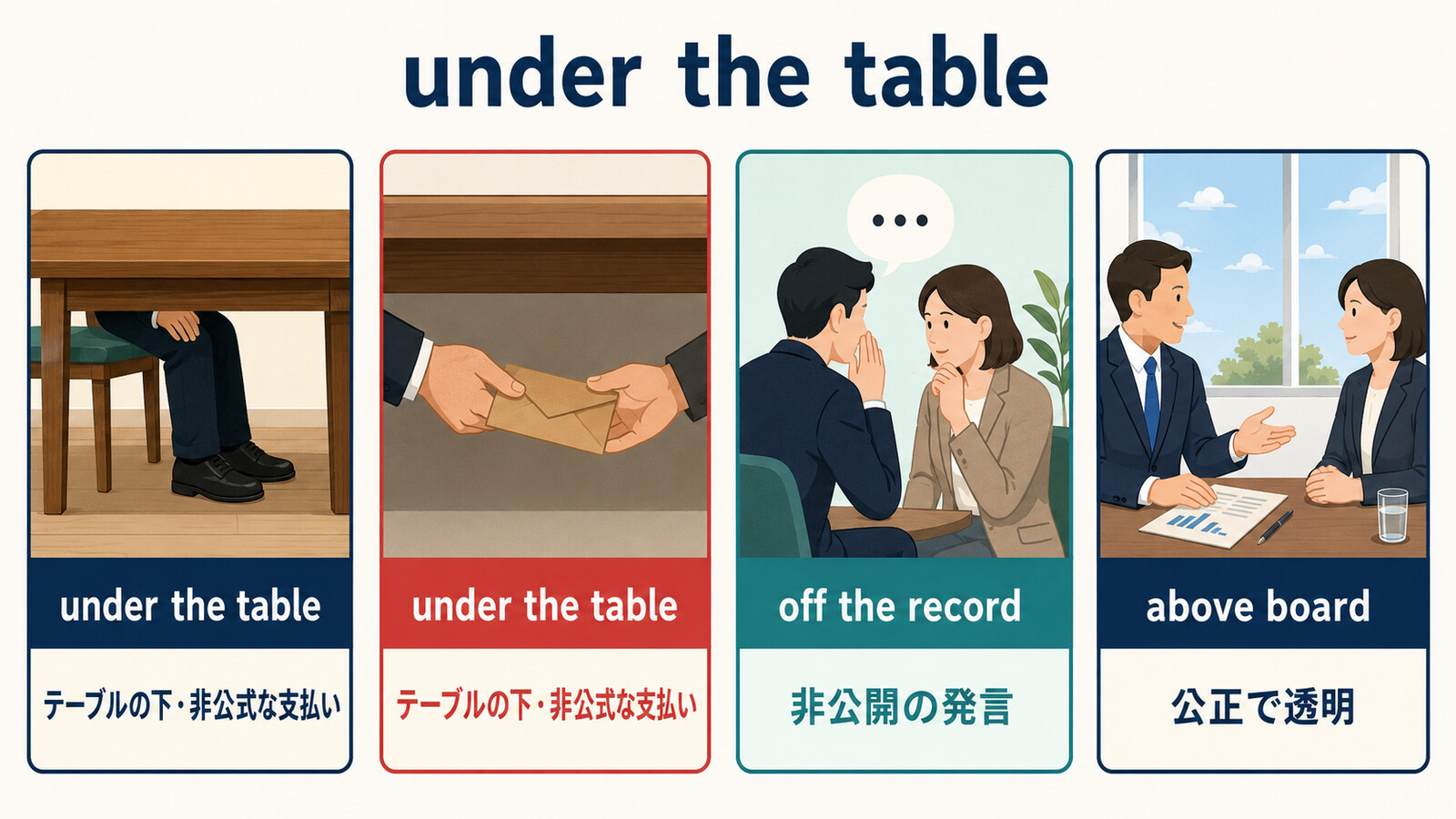 under the table・off the record・above boardの意味の違い