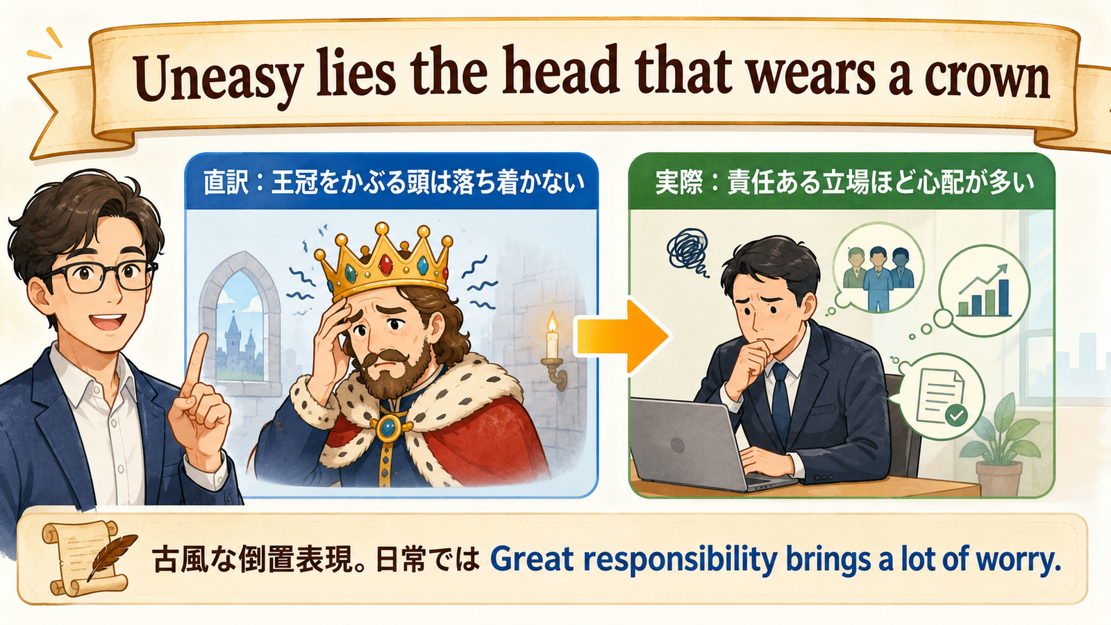 Uneasy lies the head that wears a crownの直訳・実際の意味・使い方を示す解説図