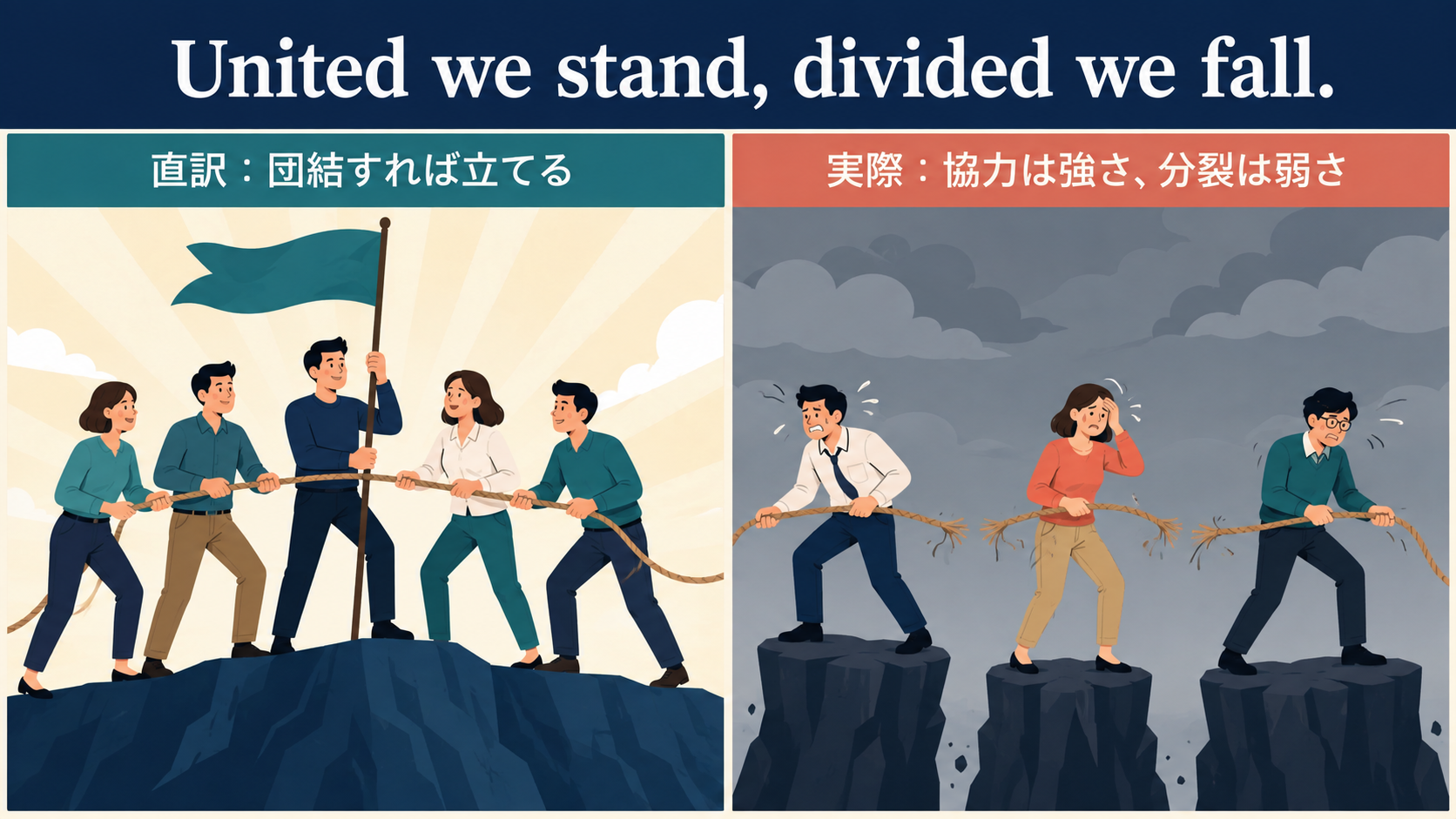 United we stand, divided we fall.の直訳と実際のニュアンスを比較する図解