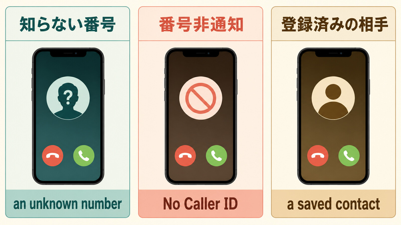 知らない番号 an unknown number、番号非通知 No Caller ID、登録済みの相手 a saved contactの違い