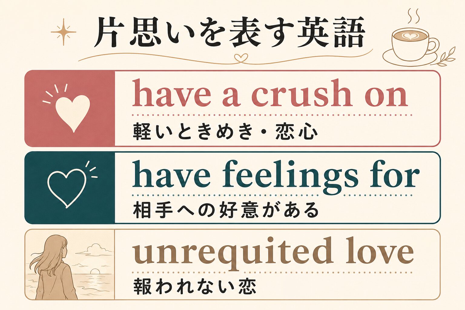 片思いを表す3つの英語表現の違い