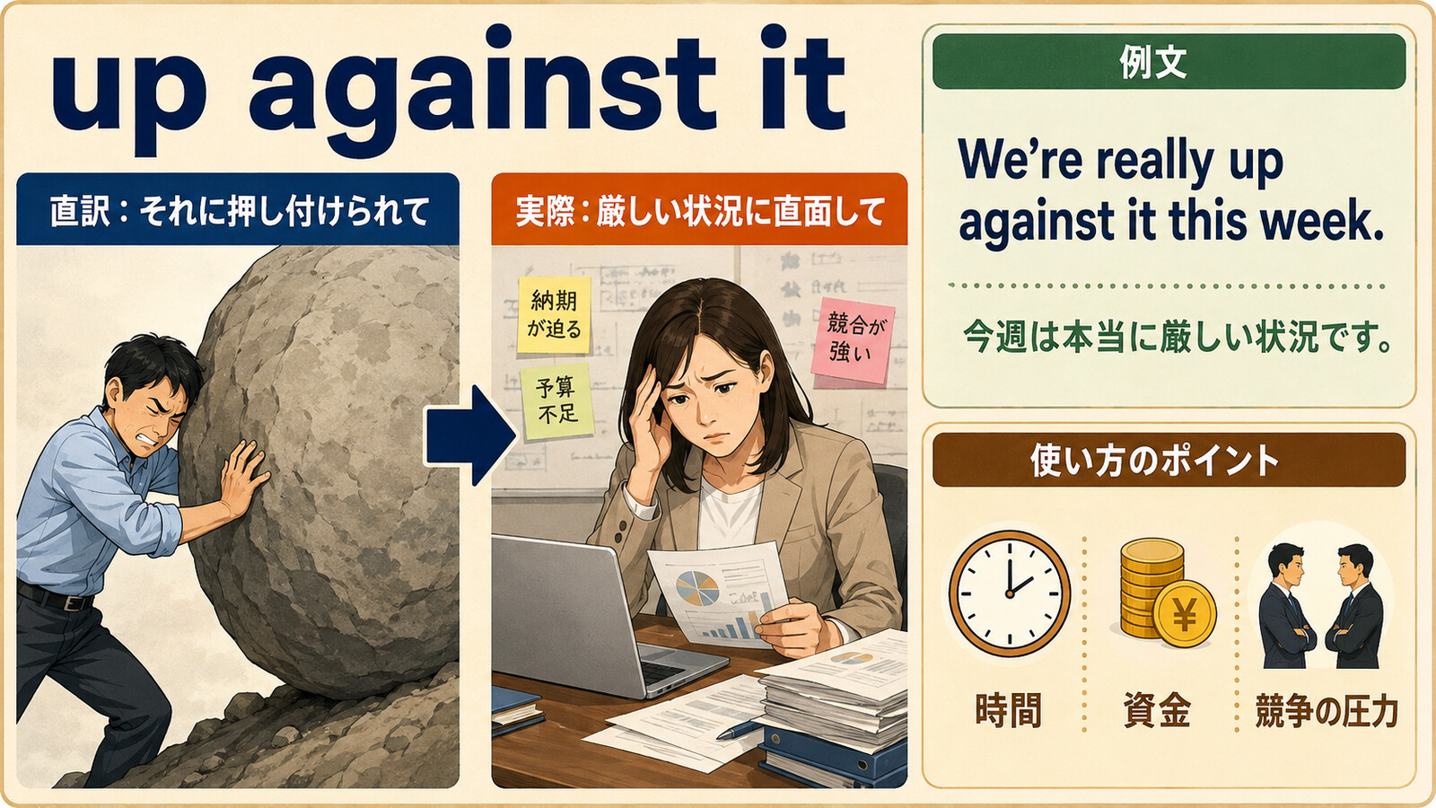 up against itの直訳と実際の意味を比較する本文イラスト