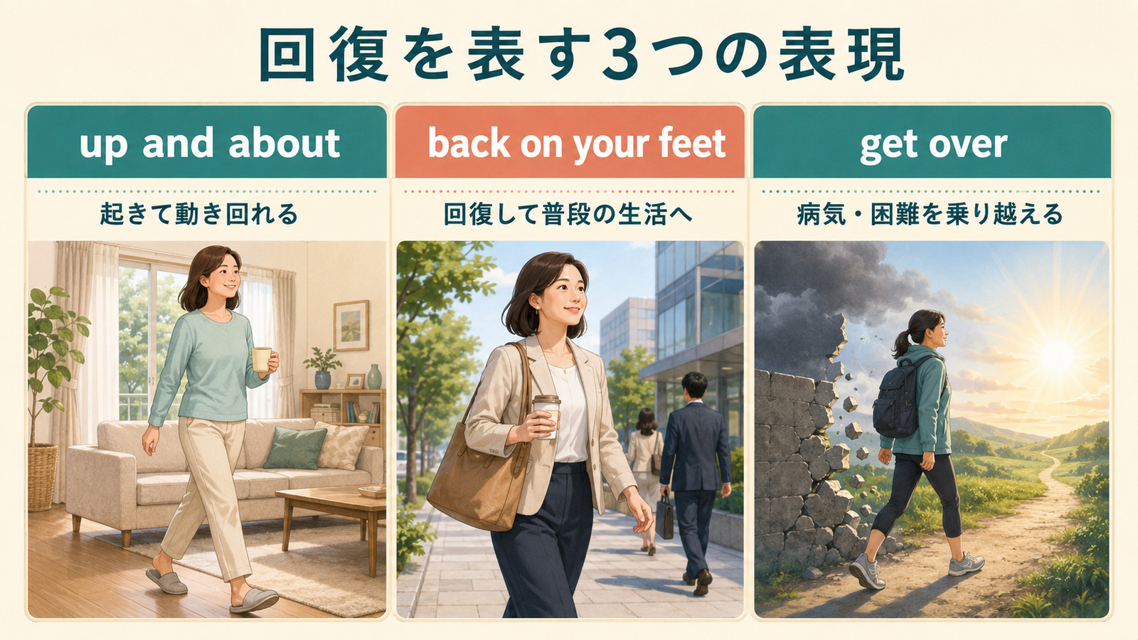up and about・back on your feet・get overの回復ニュアンスを比較する図