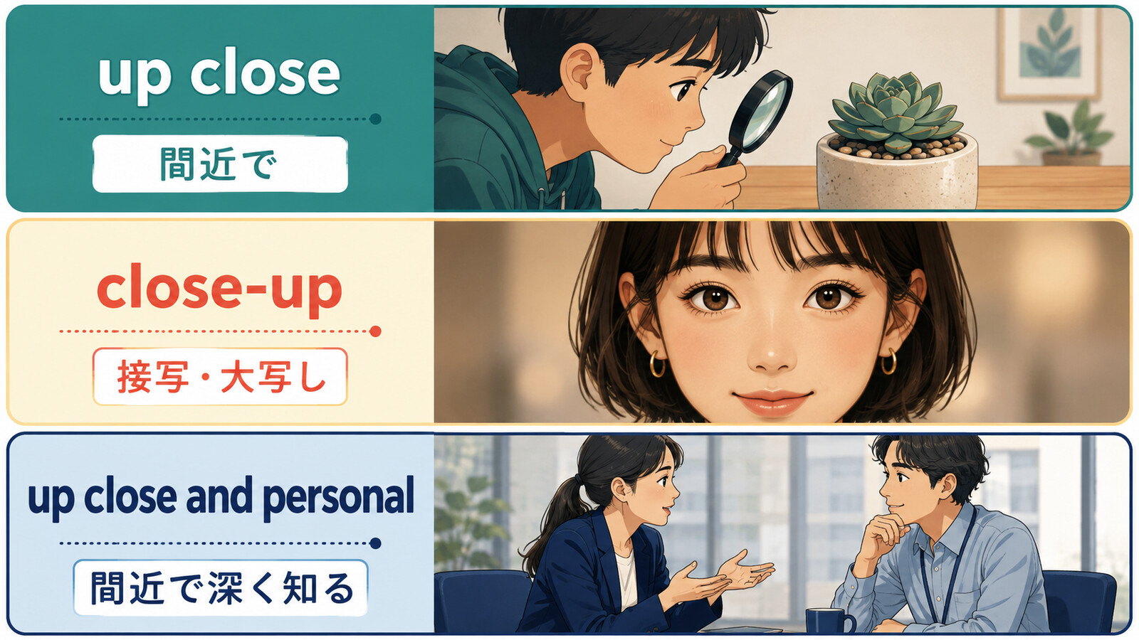 up close・close-up・up close and personalの意味と違いを比較するイラスト