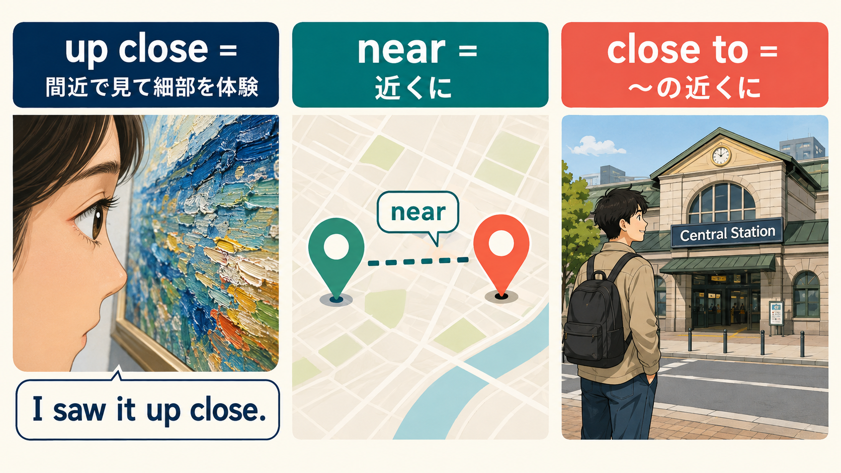 up closeは間近で細部を見る、nearとclose toは位置の近さを表すという違い