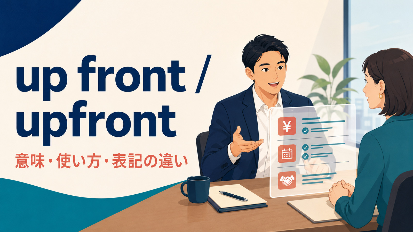 up front・upfrontの意味・使い方と表記の違いを解説するアイキャッチ画像