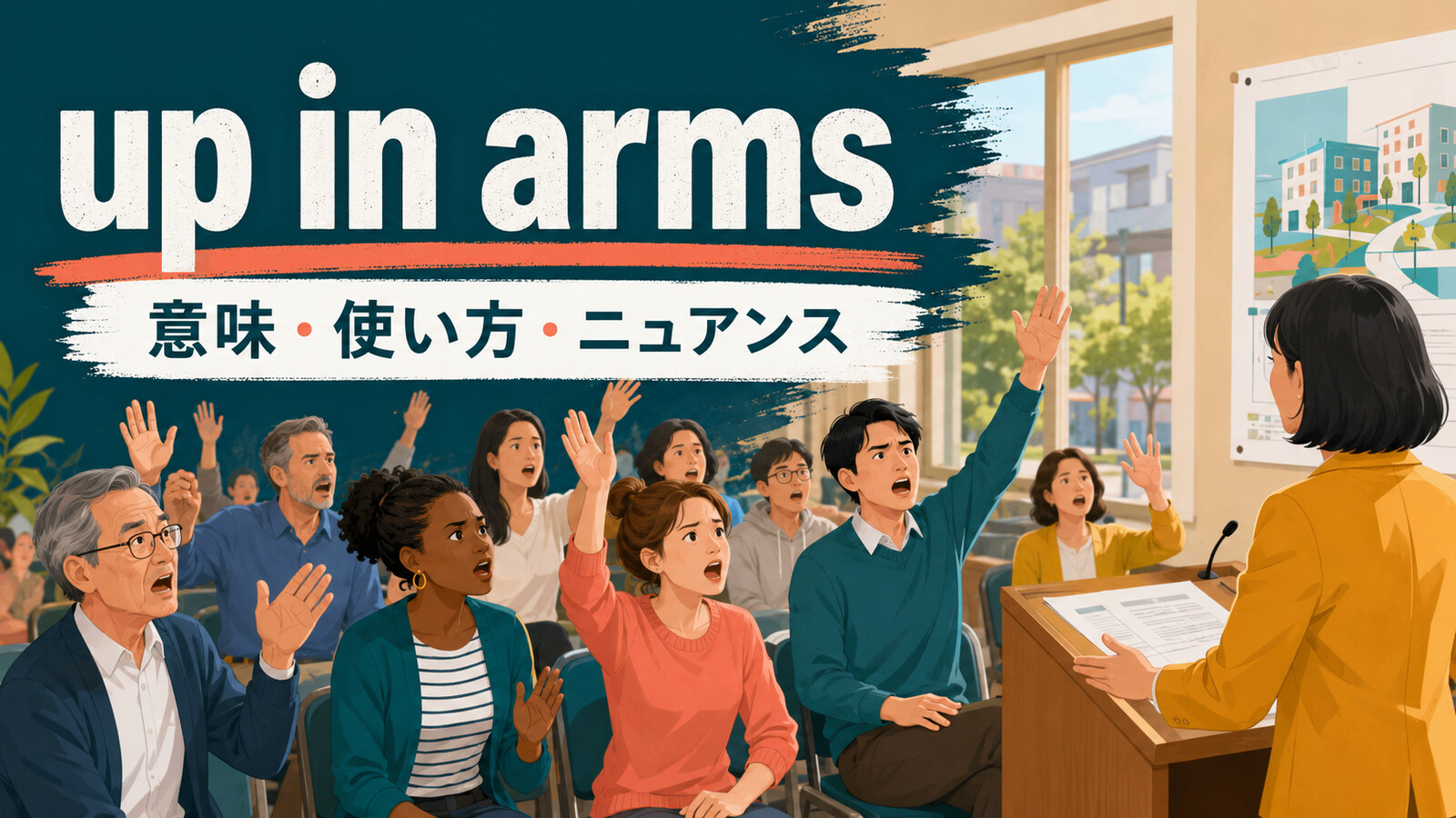 up in armsの意味は？「激しく反対・抗議する」の使い方とangry・protestとの違い