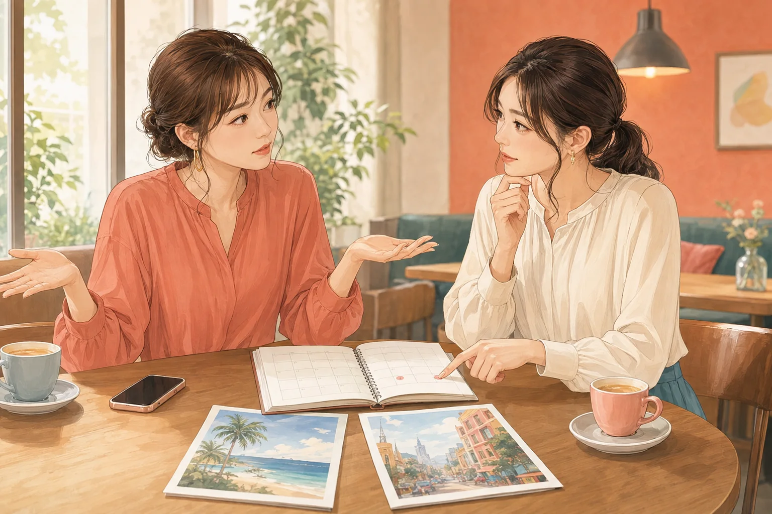 カフェで旅行の日程や行き先が未定だと話す二人の女性