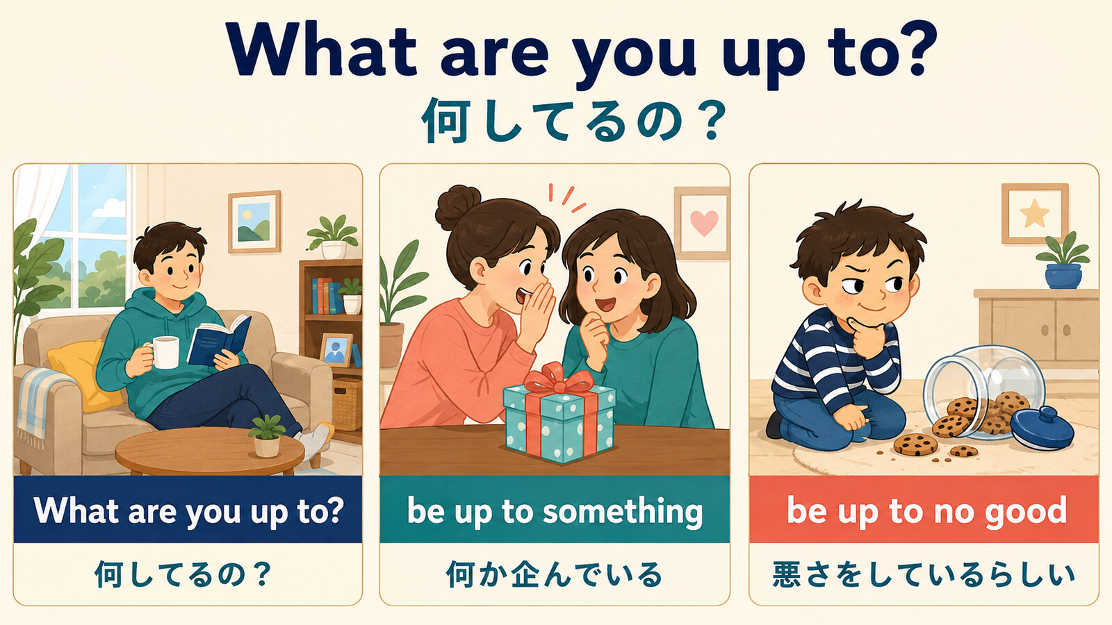 What are you up to・be up to something・be up to no goodの違いを示す図解