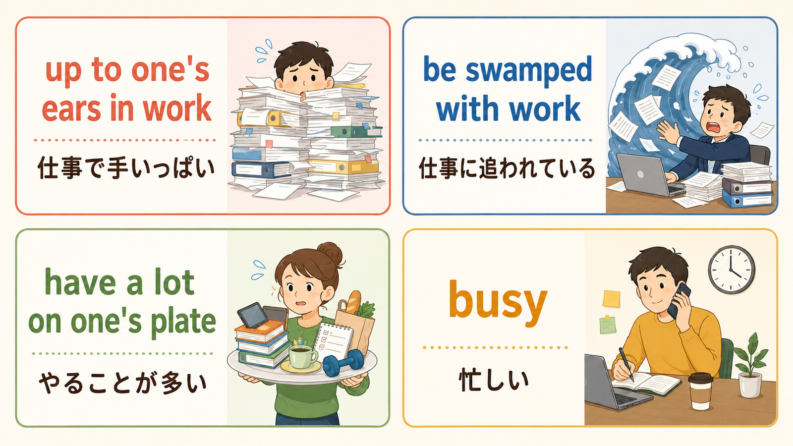 up to one's ears・be swamped・have a lot on one's plate・busyの比較
