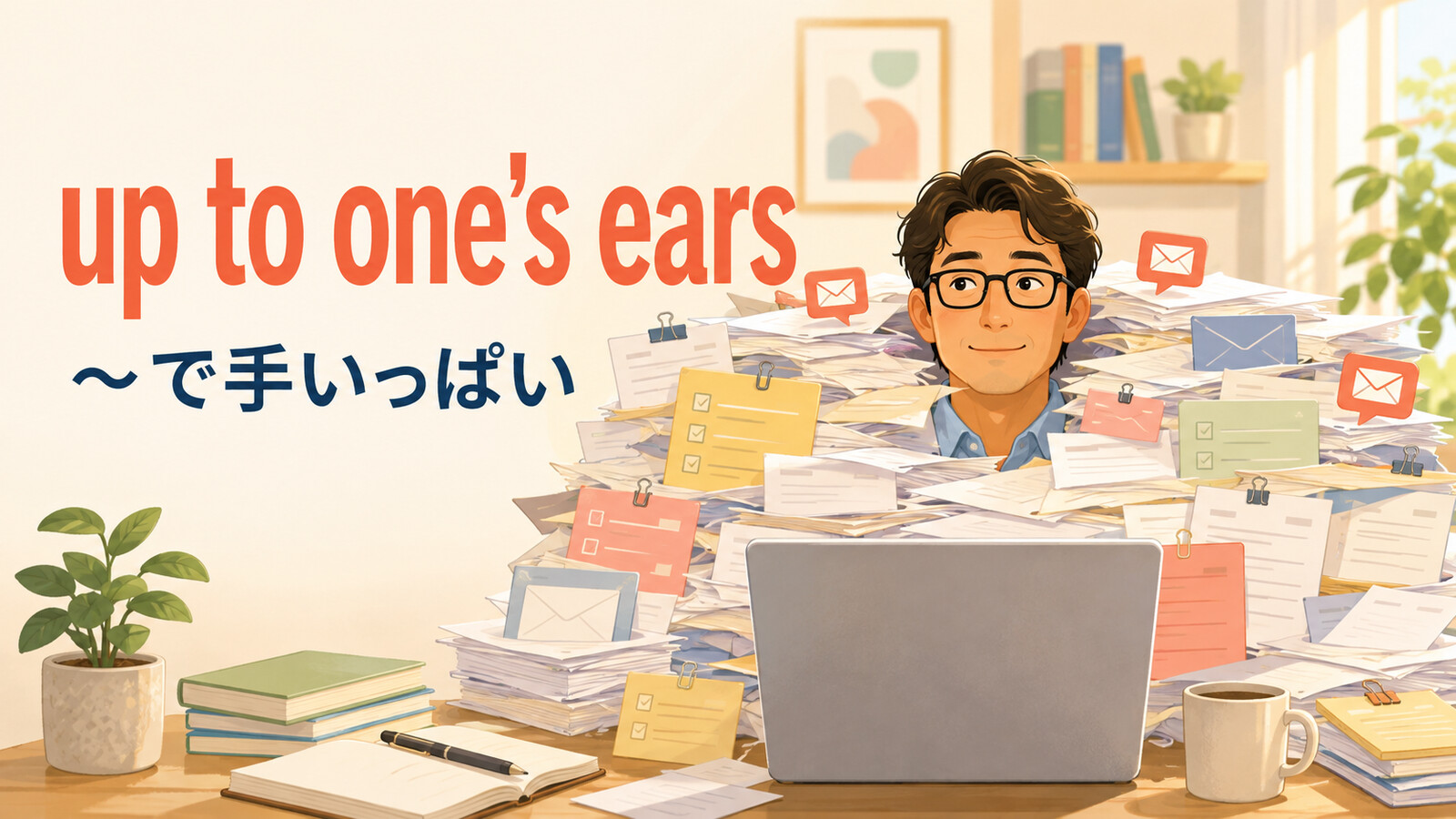 up to one's ears（〜で手いっぱい）のイメージ