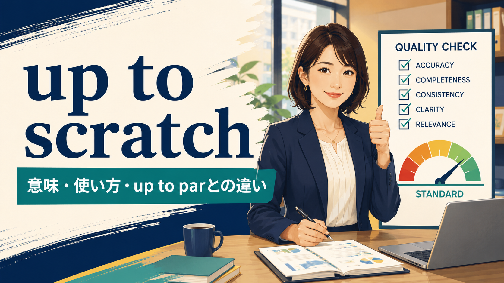 up to scratchの意味・使い方・up to parとの違いを表すアイキャッチ画像