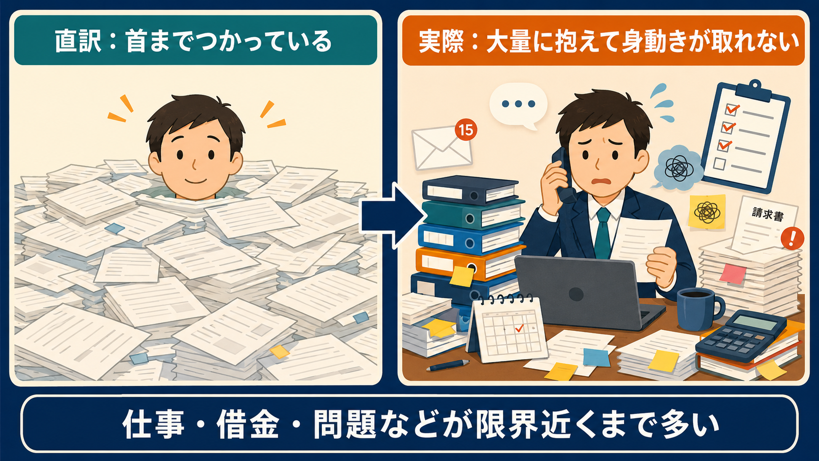 up to your neck inの直訳「首までつかっている」と実際の意味「大量に抱えて身動きが取れない」の比較イラスト