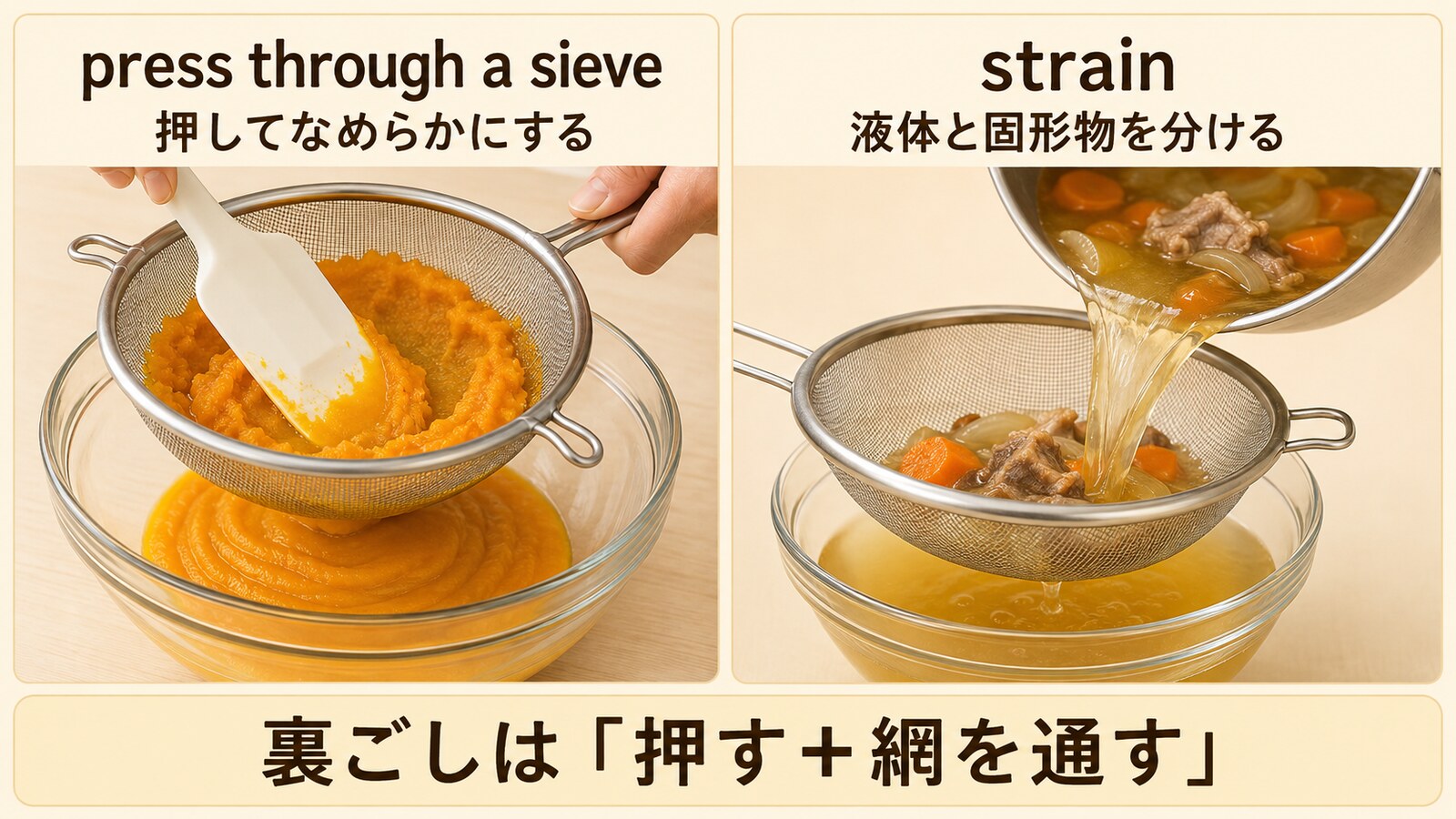 押してなめらかにするpress through a sieveと液体をこすstrainの違い