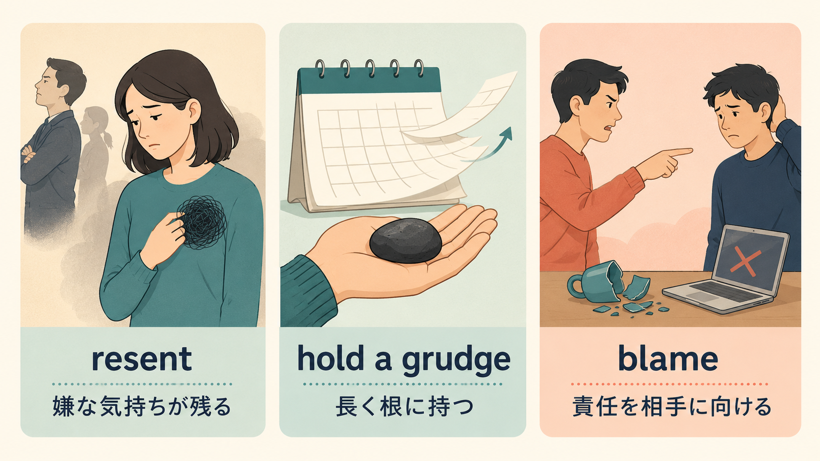 resent・hold a grudge・blameの違いを示したイラスト