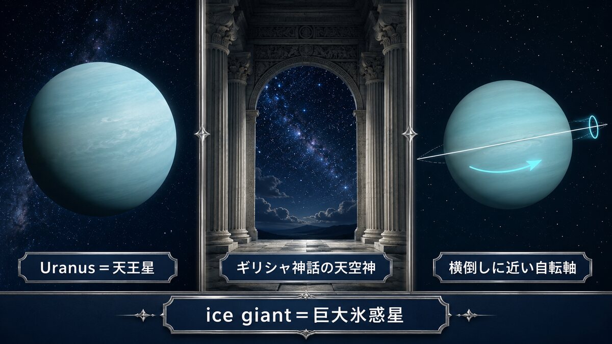 Uranusは天王星、ギリシャ神話の天空神、巨大氷惑星、横倒しに近い自転軸と示した図