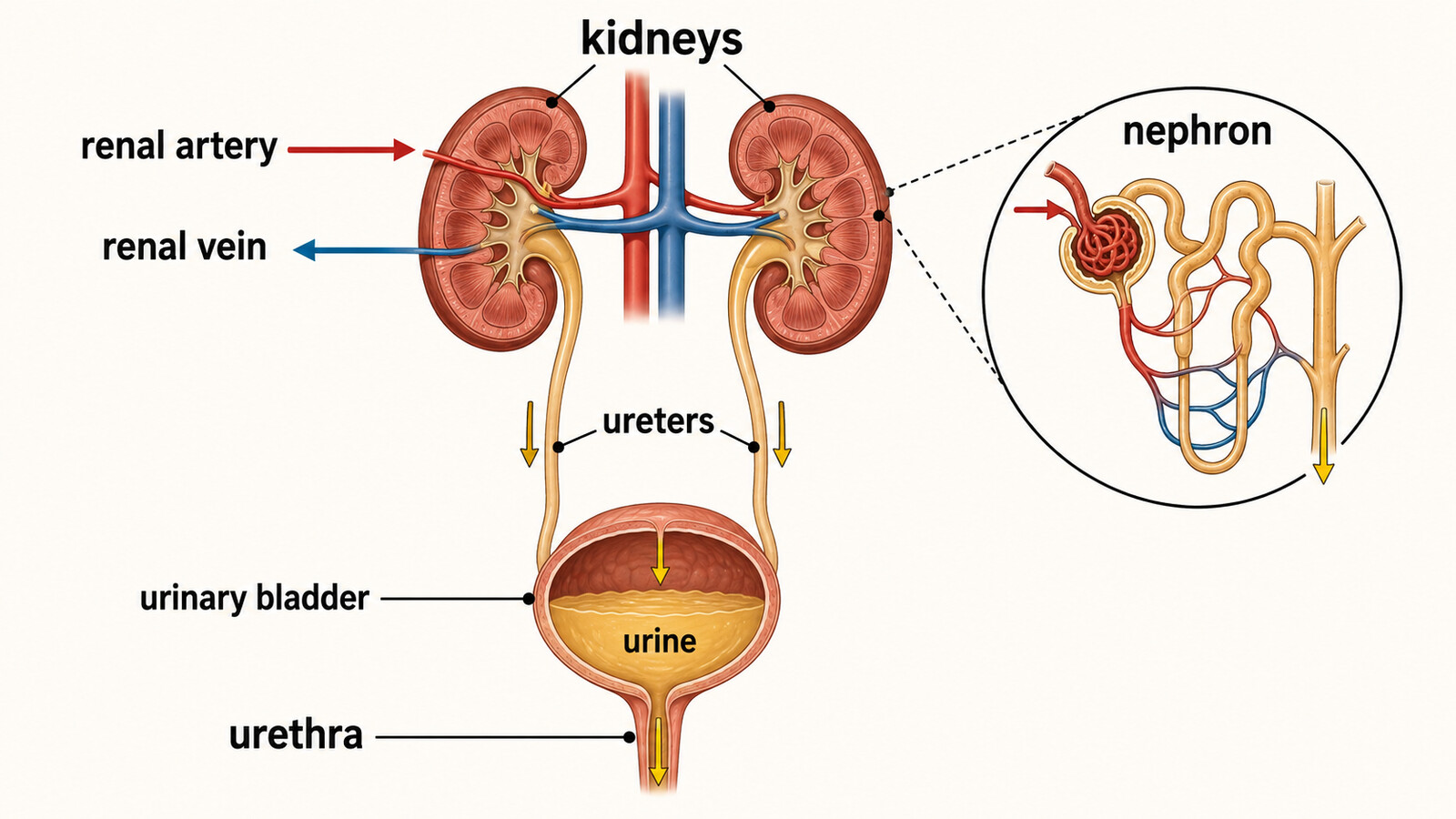 kidneys・renal artery・renal vein・nephron・ureters・urinary bladder・urethra・urineを示した英語図解