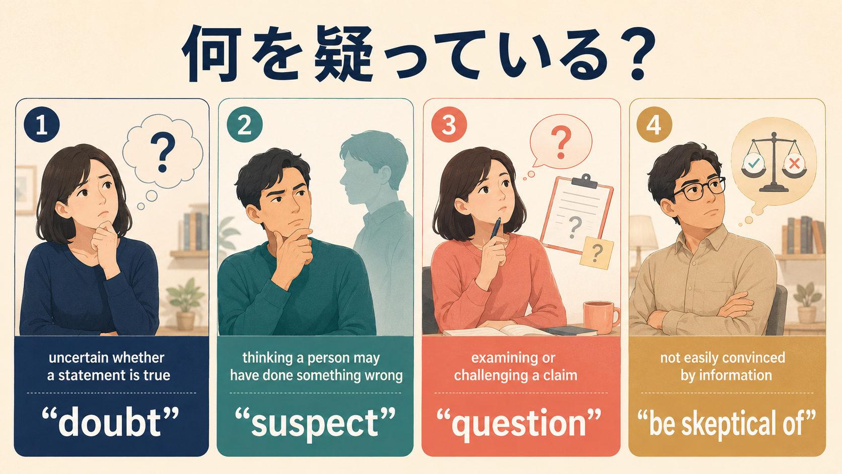 doubt・suspect・question・be skeptical ofの違いを示したイラスト